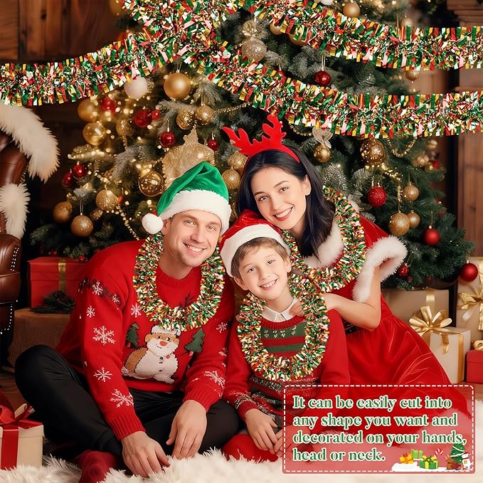 50Ft Christmas Tinsel Garland Red Green and Gold Xmas Tree Decorations Metallic Glitter Twist Garland for Christmas Decorations Anniversary Birthday Wedding Holiday Supplies Indoor Outdoor Supplies