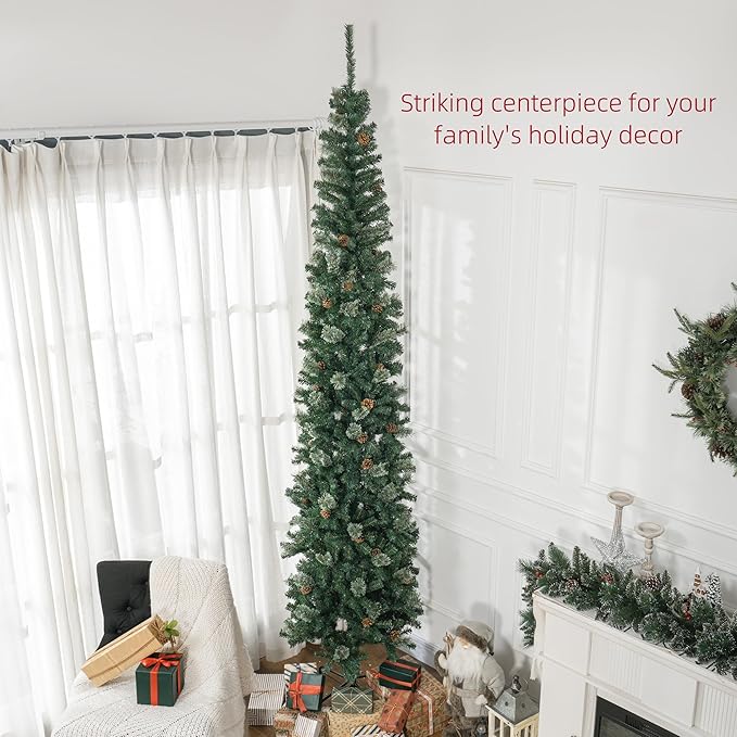 HOMCOM 9.5 Foot Pencil Artificial Christmas Tree, Slim Pine Needles Xmas Tree with Realistic Branches, Pine Cones, Metal Base, Green