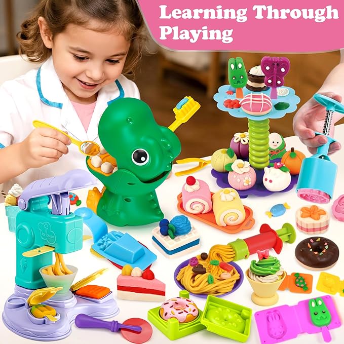 93 PCS 4 in 1 Dough Sets for Kids Ages 3-4-8, Art Crafts Dough Tools Kit, Dinosaur Dentist Playset, Ice Cream, Mooncake Maker Machine, Dessert Rack, Kitchen Creations Food Play Toys Boys Girls