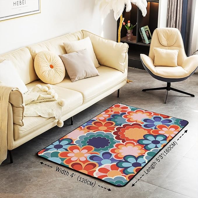 Abstract Retro Floral Area Rug 4x5 Colorful Vintage Flower Power Rug for Girls Teen Women 60S 70S Hippie Carpet Geometric Garden Botanical Psychedelic Washable Living Room Rugs
