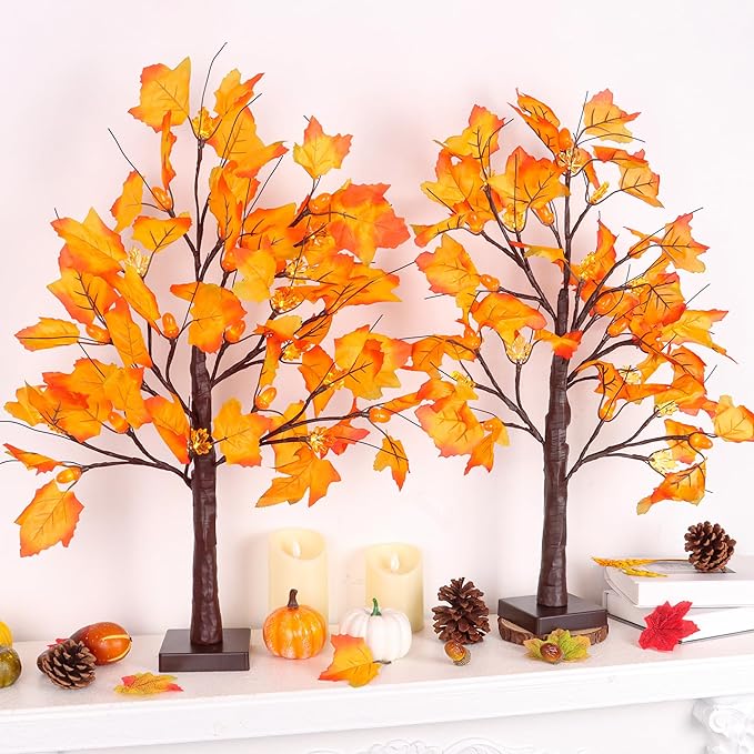2 Pack 24 Inch Artificial Lighted Maple Tree with 48 LEDs Timer Fall Thanksgiving Decorations Battery Operated Prelit Acorn Maple Tree Lights for Thanksgiving Table Decor Home Indoor Autumn Harvest