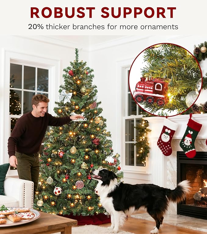 DWVO 6ft Pre-lit Artificial Christmas Tree, Spruce Prelit Christmas Trees for Home, Office, Party with 1000 Thickened Branch Tips & 250 UL Listed Lights Green, Automatic Branches with Remote Control