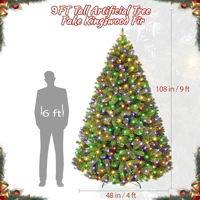 9FT Prelit Fluffy Noble Fir Artificial Christmas Tree with 900 Multicolor Lights& 9 Modes, Hinged Branches& 3500 Tips, Artificial Christmas Tree Includes Stand with Foot Switch for Holiday Home Decor