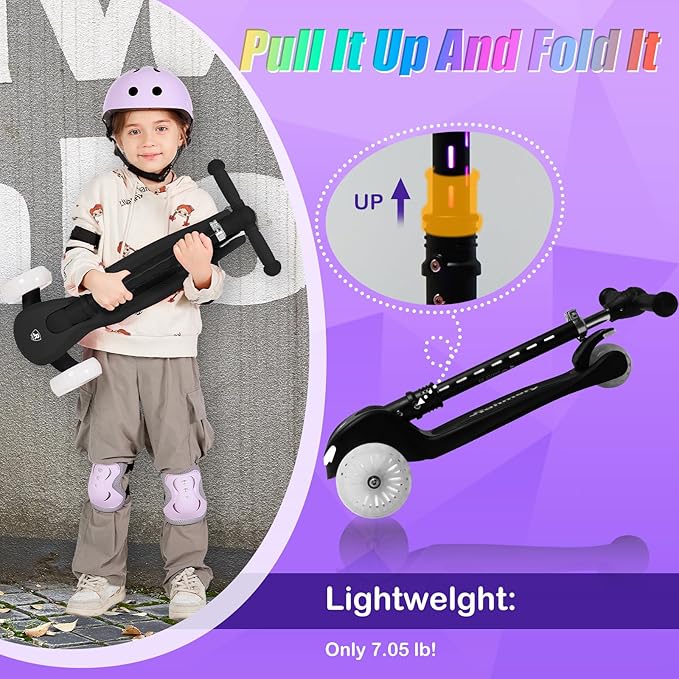 3-Wheel Light-Up Kids Scooter, 20 Different Light Patterns,Three Adjustable Heights,Lean to Steer, Balance Scooter for Ages 3-8