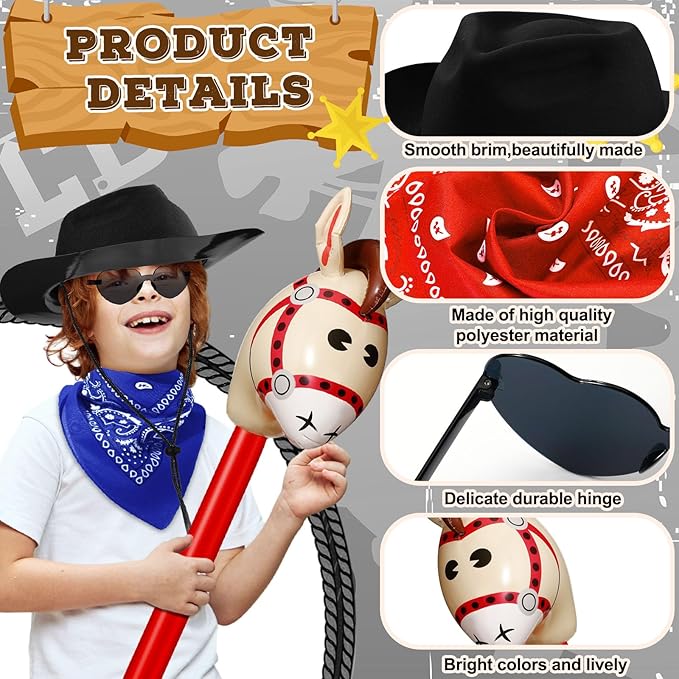 Xtinmee 48 Pcs Kids Cowboy Party Favor with Cowboy Hats Inflatable Stick Horses Bandanas Heart Glasses for Kid Costume(Black)