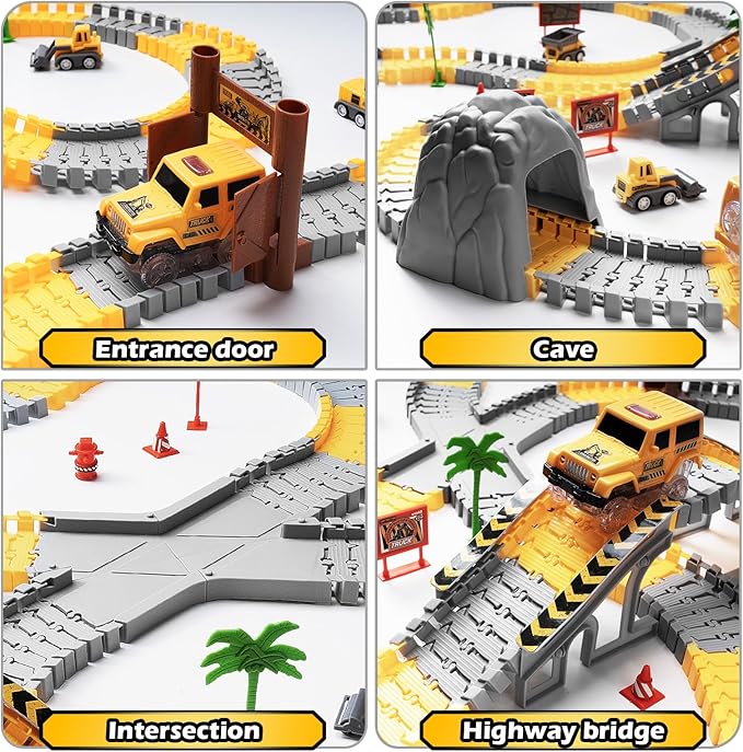 264 PCS Construction Race Tracks for Kids Toys, Glow in The Dark Magic Toy Set, 2 Light Up Cars Track, 3 Construction Cars, Flexible DIY Track Set, Birthday Gift for Age 3-9 Boys Toddler Girls