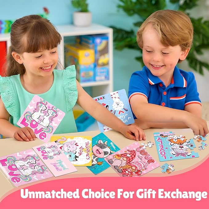MOVINPE Valentines Day Gifts for Kids - 30 Pack Jigsaw Puzzle with Valentines Cards Headers for Kids - Valentine Day Exchange Gift Puzzle Classroom Prizes for Girls Boys School Class Bulk