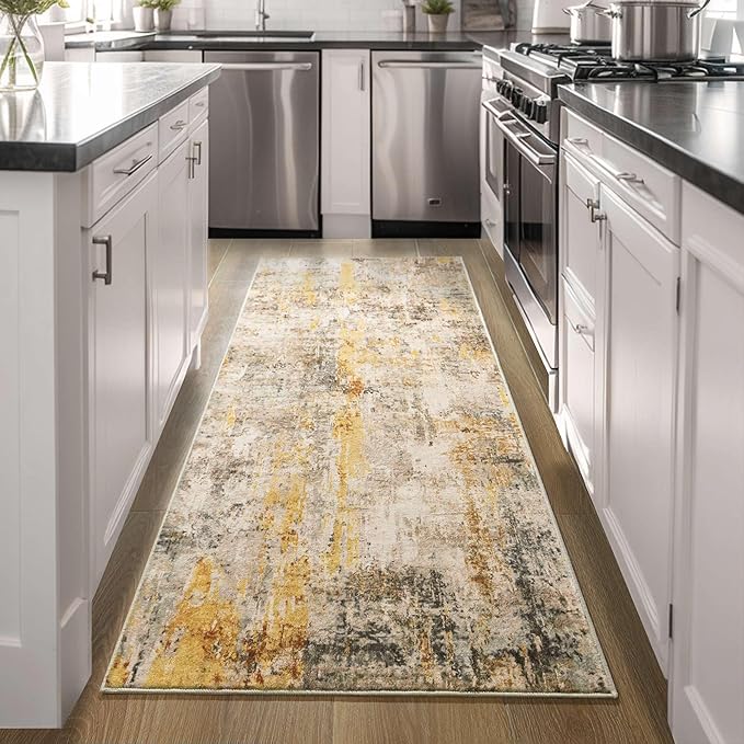 2x6 Beige Rug Runners for Hallways Kitchen Runner Rug Non Slip Washable Tan Long Runner Rugs with Rubber Backing Soft Abstract Carpet Runner for Bedroom, Kitchen, Bathroom, Entryway