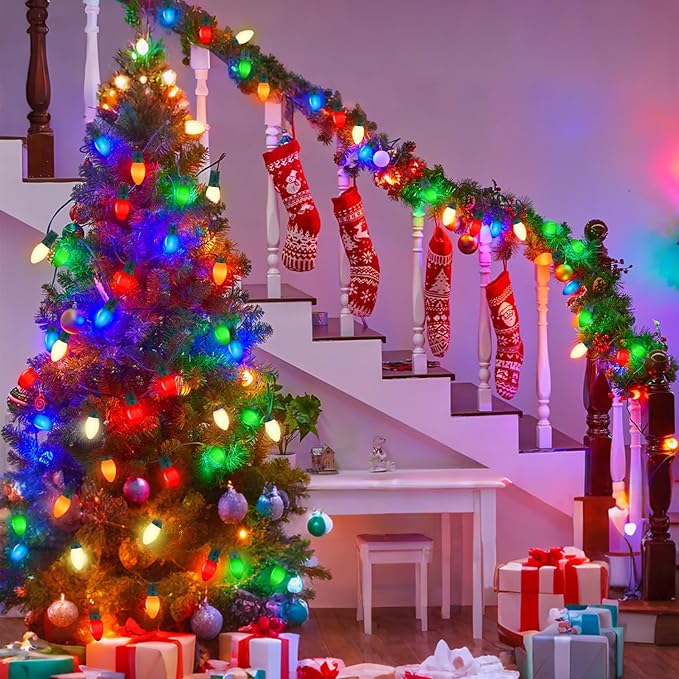 100Ft C7 LED Christmas String Lights Outdoor, Multicolor Christmas Decorations Lights with 100+5 Colored C7 LED Bulbs, Vintage Decor Light for Xmas Tree Home Yard Party Decor, E12 Base, Green Wire