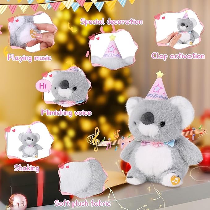 Birthday Koala Plush Toy Clap Activated with Voice Recording Singing Dancing Interactive Stuffed Animal Gift for Toddler Kids Boys Girls