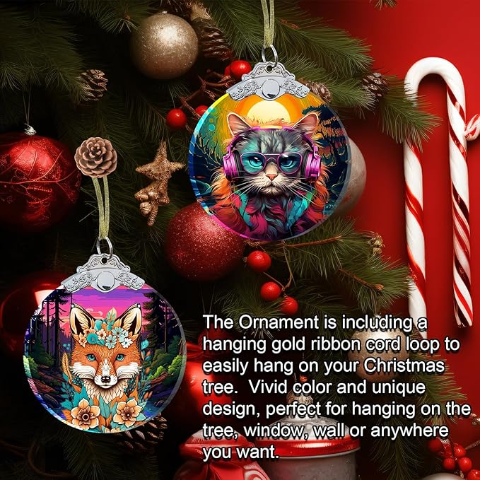 Cat Christmas Ornament Crystal Glass 3" for Christmas Decorations for Pet Lovers - Cat Gifts for Women Men