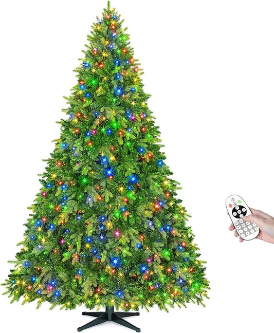 6.5FT Christmas Tree with Auto-Rotating Stand, Green Pre-Lit Artificial Xmas Trees with Remote & Music Function, PE&PVC 1036 Branch Tips, 340 LEDs, Warm & Multi-Color Light, 8 Lighting Modes