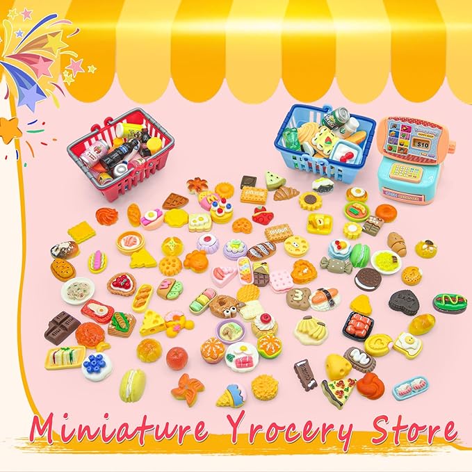 139 Pcs Mini Shopping Cart Basket Miniature Food Drink Toy Supermarket, Miniature Dollhouse Furniture and Accessories,Grocery Store Pretend Play,Doll House Refrigerator Mini Fridge Toy Mini Food Set