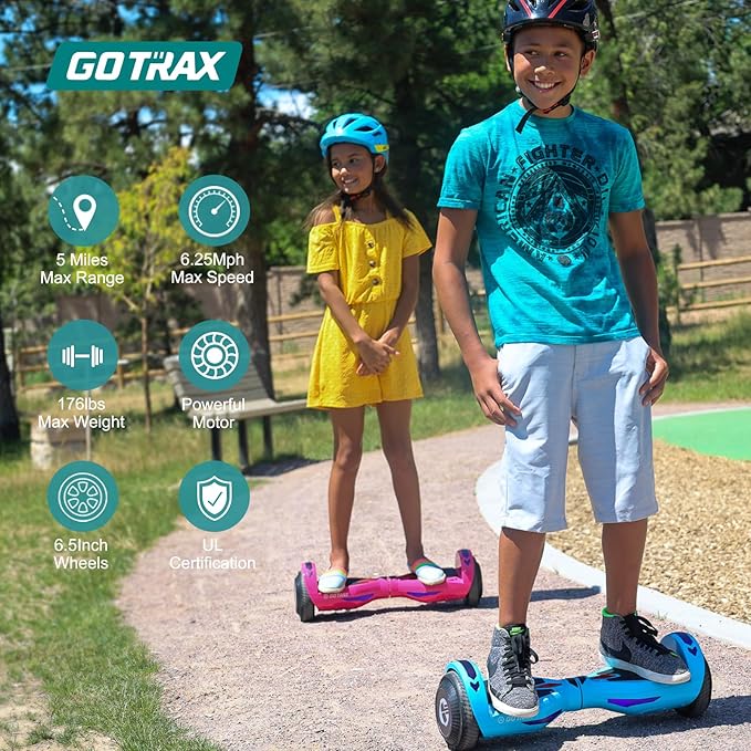 Gotrax Hoverboard with 6.5" LED Solid/Offroad Tires, Max 5/6 Miles Range, 6.2mph Power by Dual Brushless Motor, UL2272 Certified and 65.52Wh/93.6Wh Battery Self Balancing Scooter for 44-176lbs