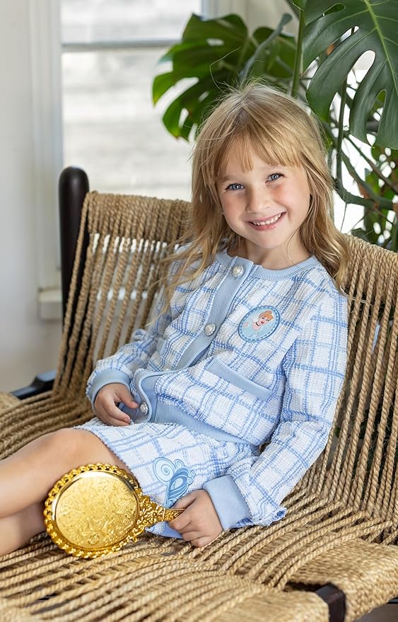 Disney Frozen Elsa Stitch Princess Moana Minnie Toddler Girl 2 Piece Outfit Kid Pearl Button Knit Top & Tweed Skirt Set 2-13Y