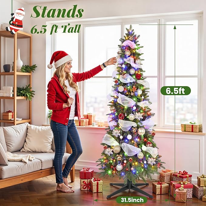 6.5ft Pre-lit Pencil Christmas Tree with Lights, 360° Rotating Stand Built-in Music, Remote Control, Slim Christmas Tree for Holiday Decor