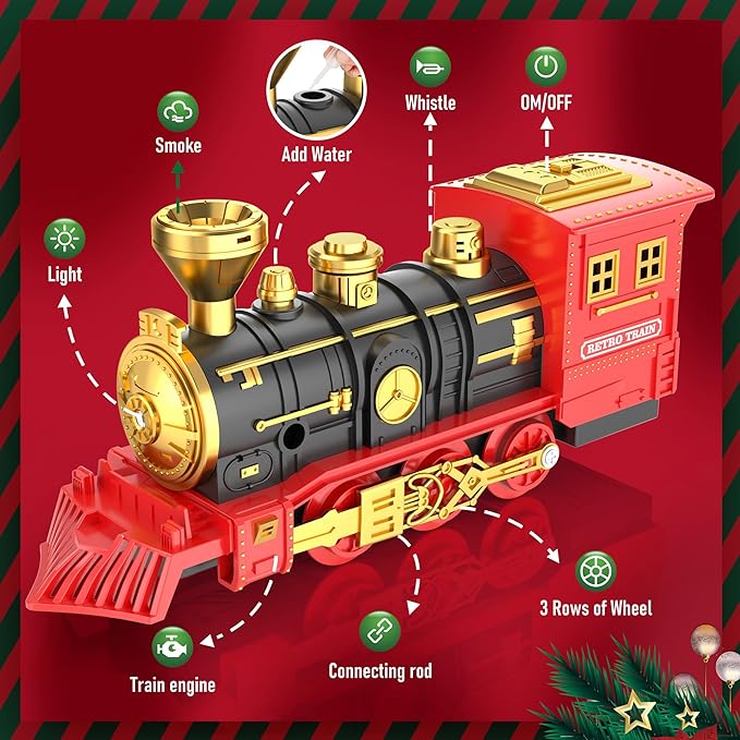 Christmas Train Set with Smoke, Lights, and Sound - Ideal Gift for Toddlers and Kids Ages 2-8, Classic Electric Train Set for Under The Tree, Holiday Decoration for Boys & Girls