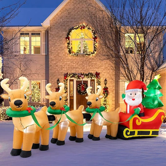 Sizonjoy Outdoor Christmas Inflatables Decorations,13 FT Lighted Christmas Inflatables Santa Claus on Sleigh with 3 Reindeer & Christmas Tree for Indoor Outdoor Home Holiday Yard Decorations