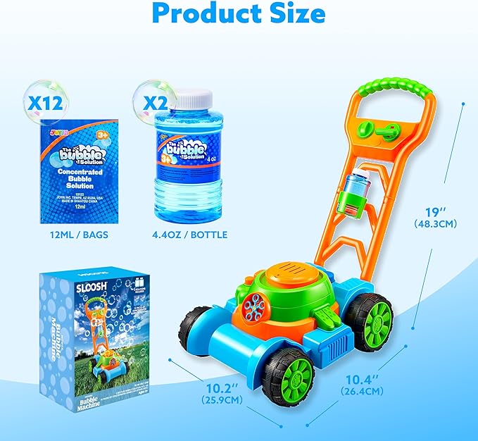 SLOOSH Bubble Lawn Mower Toddler Toys - Leak-Proof Bubble Machine Pretend and Play Gardening Toy for Indoor Outdoor Use, Push Toys Preschool Baby Boys Kids Halloween Birthday Gifts (Blue)