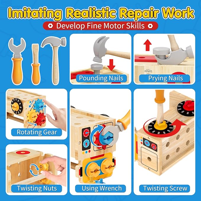 Montessori Kids Tool Set, Wooden Toddler Tool Bench Educational Toys for Ages 2-4, 2 Year Old Boy Gift for Birthday Christmas, STEM Pretend Play Tool Box, Learning Developmental Construction Toys