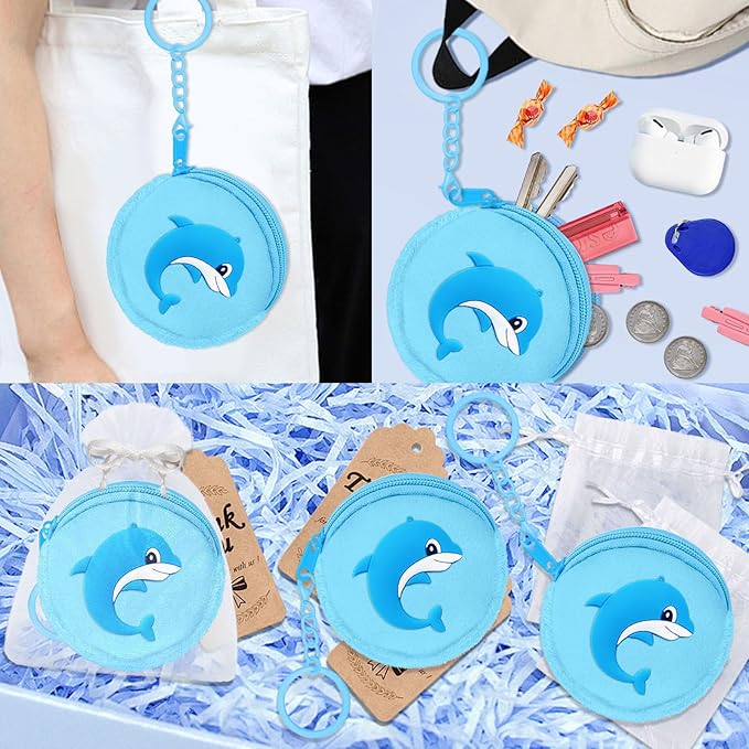 36 Pack Dolphin Change Purses Set Include 12 Dolphin Wallets with Keyring, 12 Thank You Tags and 12 Organza Bags for Dolphin Ocean Sea Animals Under the Sea Party Supplies,Blue