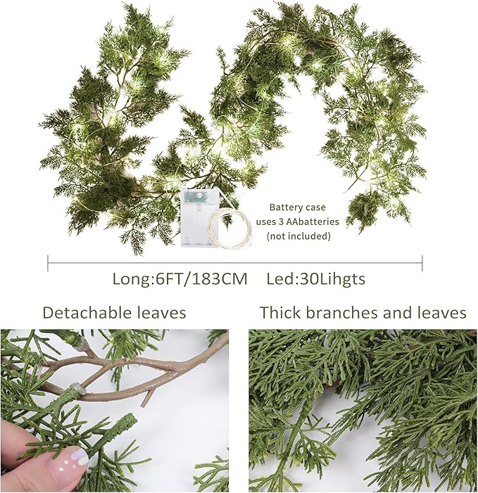 RECUTMS Mantle Garland 6FT Garlands with Lights 30 LED Strings Fake Hanging Plants Greenery Outdoor Wreath Plant Classic Leaves Soft Plastic for Arch Porch Wall Wedding (Green Light S)