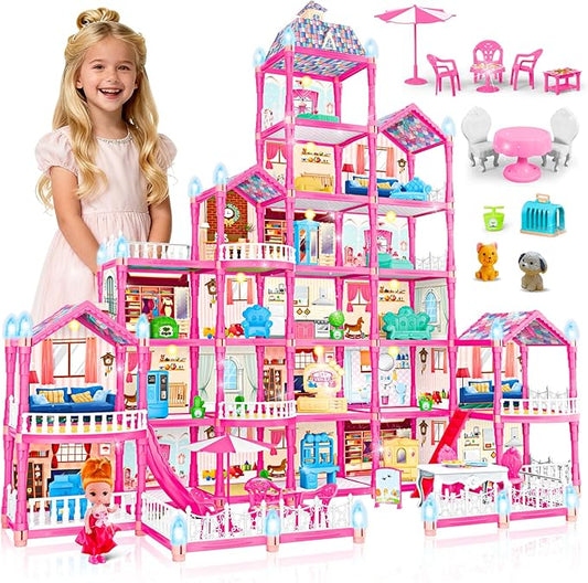 6-Story Doll House Large DIY Playhouse(35 in) for Girls, Little Girl Dream House with Furniture, Little Dog Toy, 2 Princess Figures and Slide, Creative Construction Toy