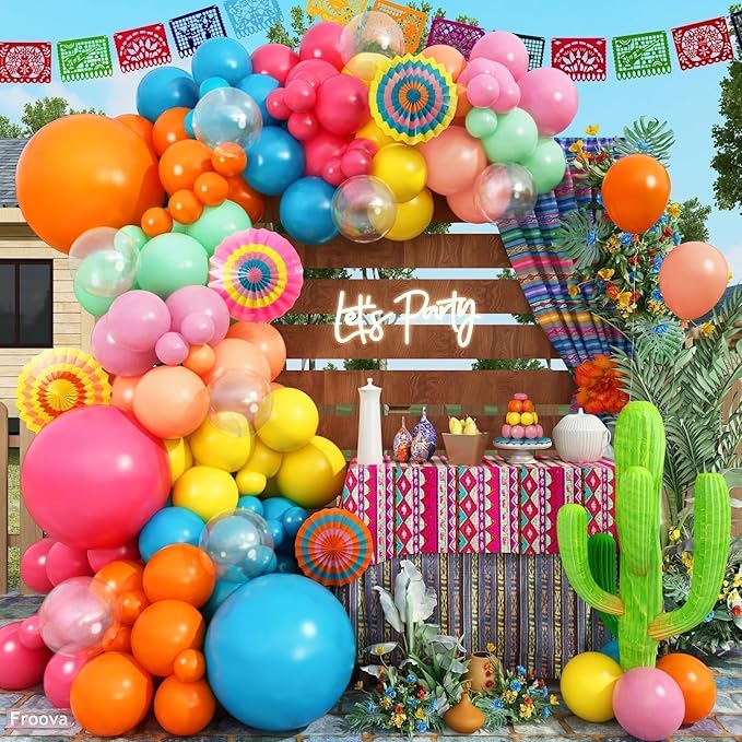 Mexican Fiesta Balloon Arch Kit, 133pcs Blush Pink Turquoise Blue Pastel Green Light Orange Yellow Colorful Balloons Garland for Birthday Carnival Festival Tropical Hawaiian Summer Party Decorations