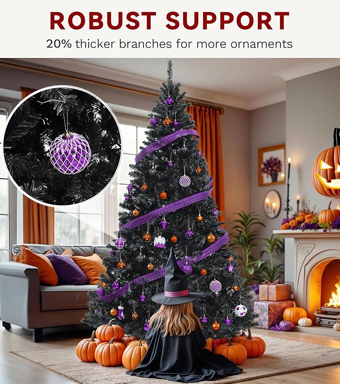 DWVO 7.5ft Pre-lit Black Christmas Tree with Lights, Prelit Halloween ChristmasTtrees with 1600 Tips & 550 UL Listed Lights, Automatic Branches & Easy Assembly with Remote Control for Home Party
