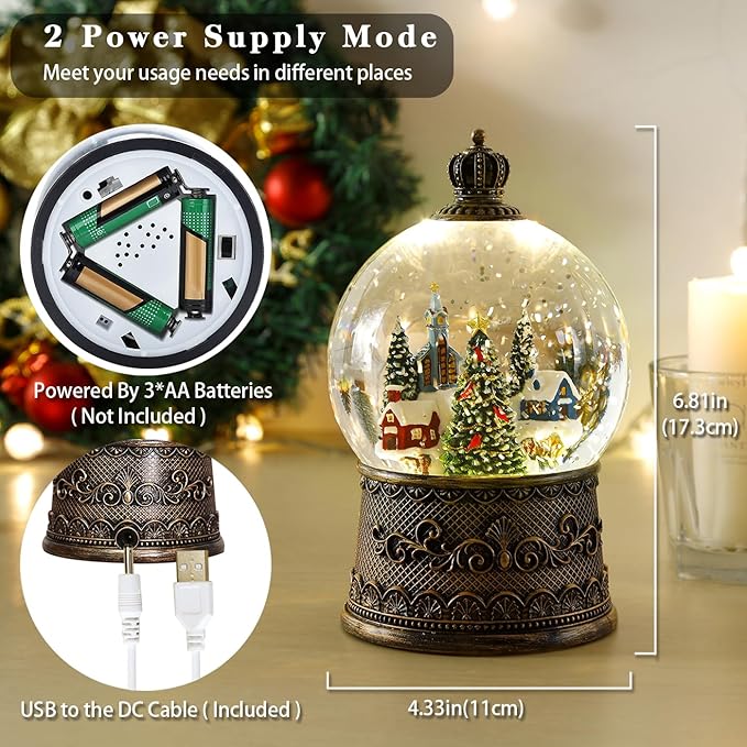 100mm Christmas Snow Globe with Music and Water Feature Christmas Lantern Decorations Snow Village with Large Christmas Tree Dual Power Supply Mode: USB and Battery Powered