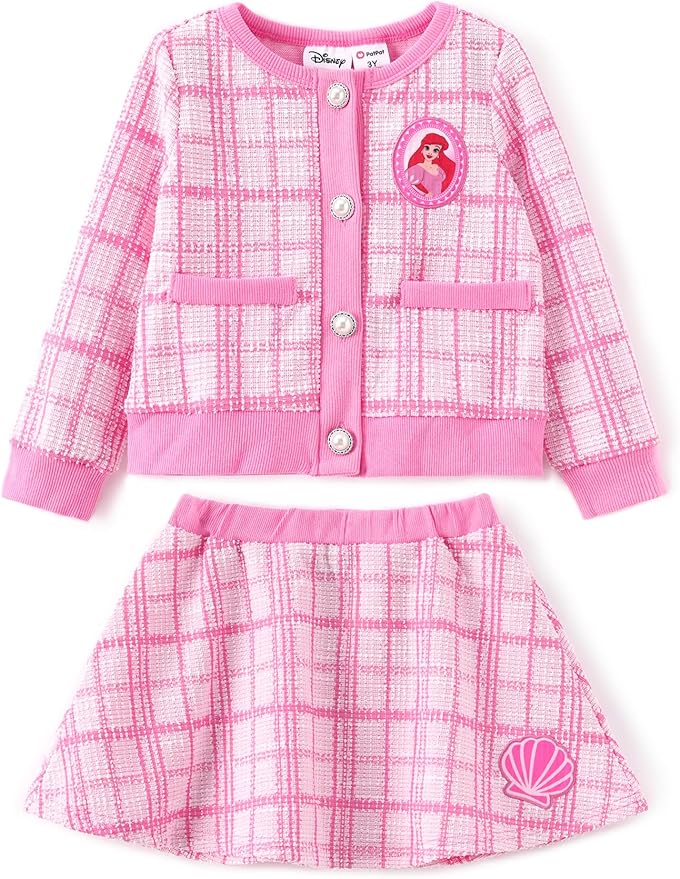 Disney Frozen Elsa Stitch Princess Moana Minnie Toddler Girl 2 Piece Outfit Kid Pearl Button Knit Top & Tweed Skirt Set 2-13Y