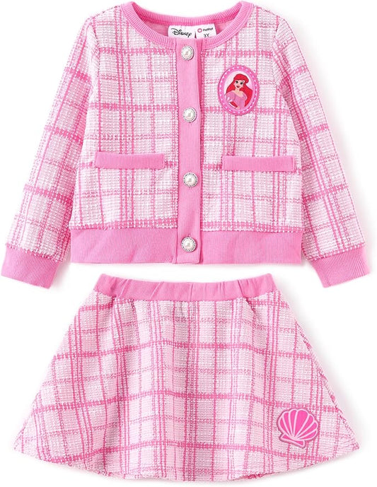 Disney Frozen Elsa Stitch Princess Moana Minnie Toddler Girl 2 Piece Outfit Kid Pearl Button Knit Top & Tweed Skirt Set 2-13Y