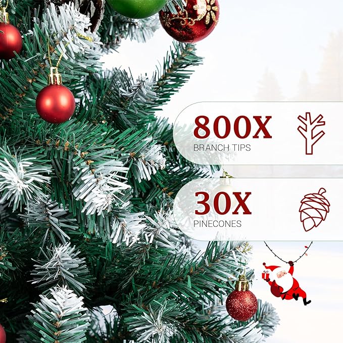 6ft Green Artificial Christmas Tree, Premium Unlit Holiday Xmas Tree for Home Office Party Decoration with 800 PVC Hinged Partially Frosted Branch Tips, 30 Real Pinecones, Foldable Stand