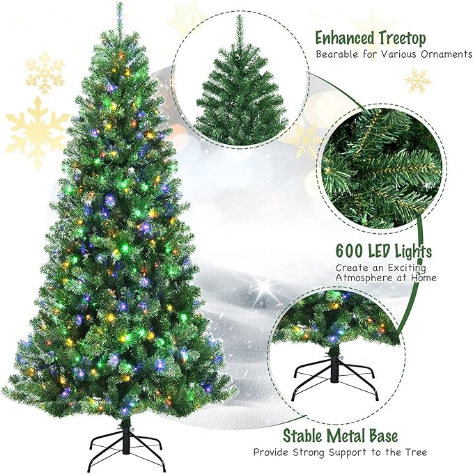 GOFLAME 8ft Artificial Christmas Tree, Pre-lit Xmas Tree 9 Lighting Modes w/ 1605 PVC Branch Tips & 600 Color-Changing LED Lights, Holiday Festival Decoration Tree with Remote Control and Metal Stand