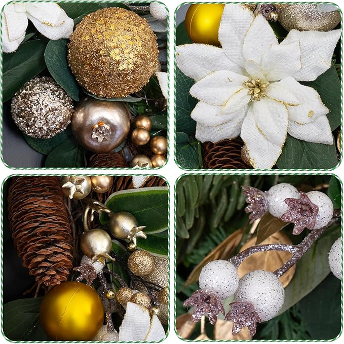 Christmas Wreaths for Front Door with Lights 24 Inch Prelit Christmas Wreath, Christmas Door Wreath with White Flowers, Gold Ornaments, Pine Cones, Greenery & Berries Indoor Outdoor