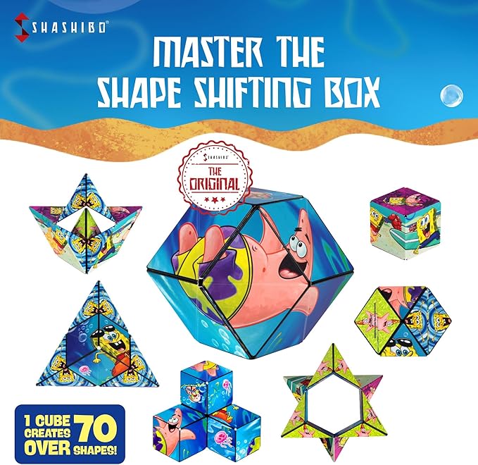 SHASHIBO Spongebob Squarepants Shape Shifting Box - STEM Magnetic Fidget Cube That Transforms Into Over 70 Shapes, Download Fun in Motion Toys Mobile App (Beach Buddies)