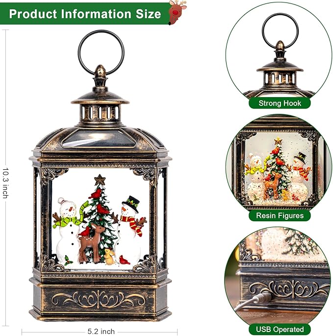 Christmas Snow Globes Lantern Christmas Snow Globe with Music Snowman and Christmas Tree,6H Timer,USB Lined/Battery Operated Lighted Lantern for Christmas Festival Decoration Gifts