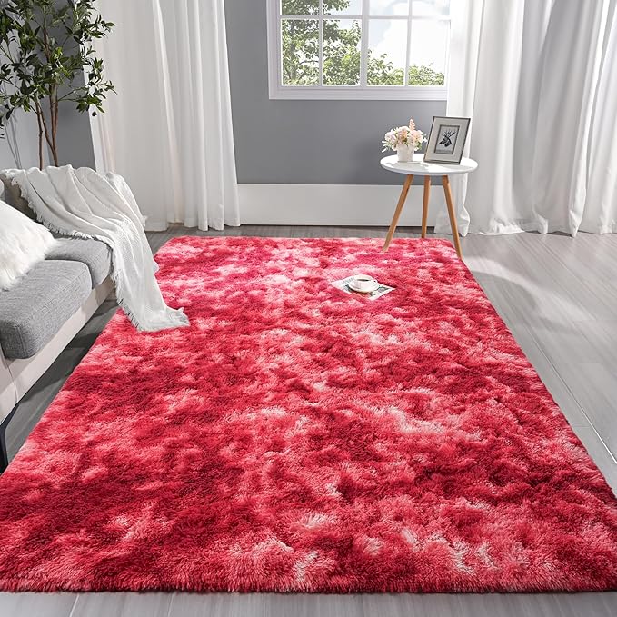 Pettop Large Shag Area Rug, 6x9 Tie-Dyed Plush Fuzzy Rugs for Living Room, Ultra Soft Shaggy Rugs for Bedroom, Non-Slip and Washable Indoor Carpet for Girls Kids Room Home Decor, Burgundy Red