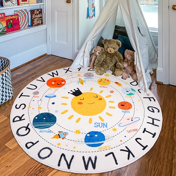 ABC Kids Rug,4 ft Washable Nursery Rug,Soft Plush Educational Circle Rug,Non-Slip Solar System Alphabet Rug for Classroom playroom Bedroom Kids Room Decor