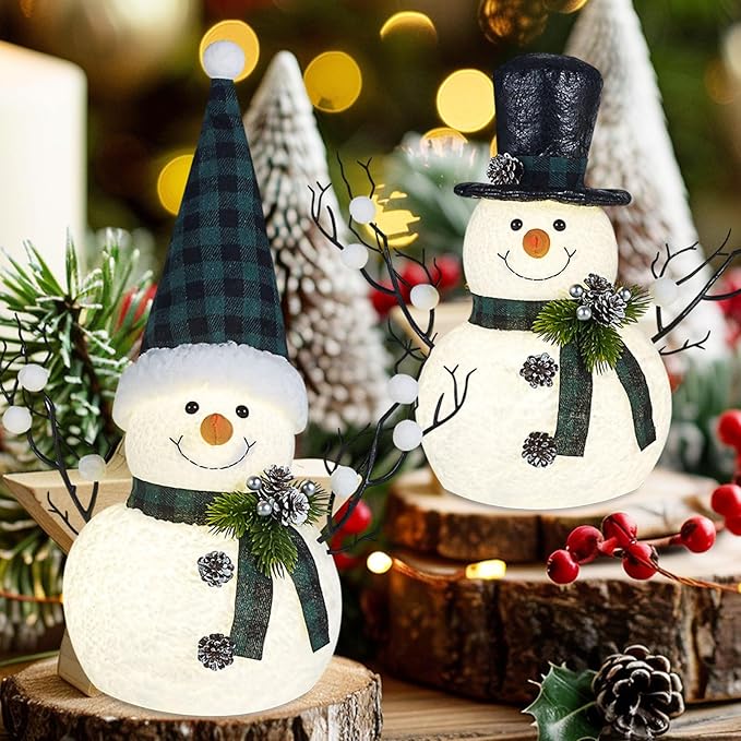 2 Pack Green and White Christmas Day Decor, 14" Lighted Plush Christmas Day Snowman Decorations, Light Up Snowman Holiday Present, Table Mantel Desk Fireplace Shelf Home Holiday Minimalist Decor