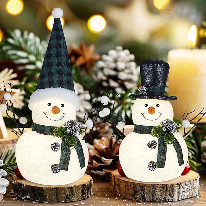 2 Pack Green and White Christmas Day Decor, 14" Lighted Plush Christmas Day Snowman Decorations, Light Up Snowman Holiday Present, Table Mantel Desk Fireplace Shelf Home Holiday Minimalist Decor