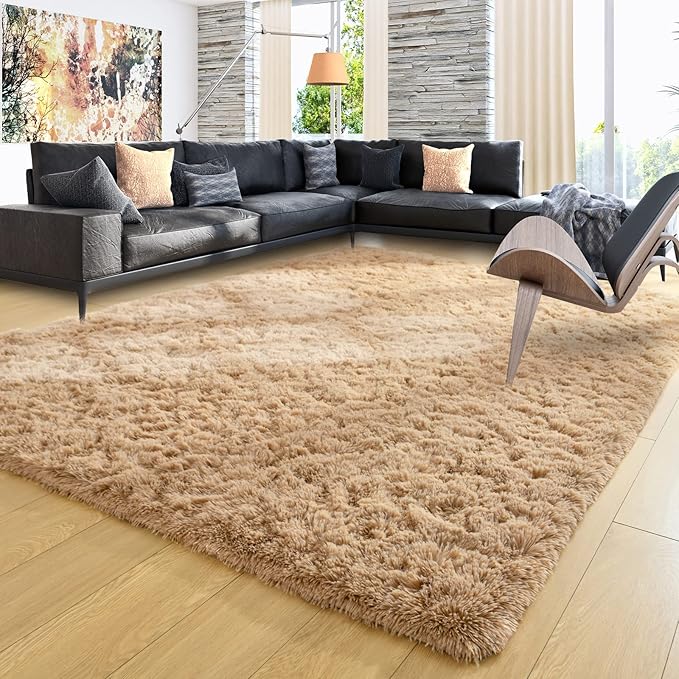 Ompaa Beige Area Rug 9x12 Rugs Large Living Room Fluffy Carpet for Bedroom Dorm, Non-Slip High Pile, Light Tan Modern Big Shag Rug for Classroom Kids Playroom Nursery Home Office Decor