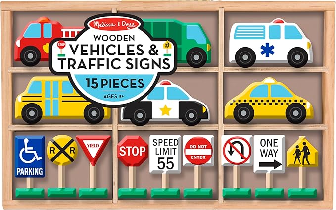 Melissa & Doug Wooden Vehicles and Traffic Signs With 6 Cars and 9 Signs