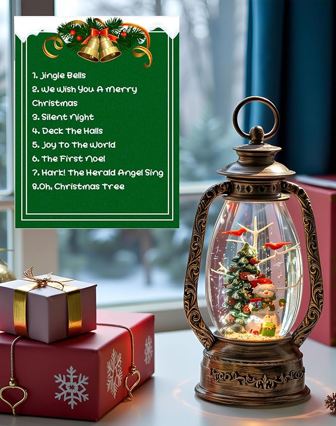 12" Christmas Snow Globe Lantern, Musical Glowing Snow Globe, Indoor Home Christmas Decor, Battery or USB Powered, with 6-Hour Timer, Holiday Decor Gift Christmas Lantern (Snowman Christmas Tree)