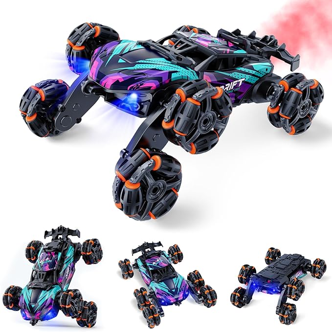 2370 Six-Wheel RC Stunt Car,6WD Cool Drift Remote Control Car,Double-Sided Driving,360° Flips Rotating,with Spray and Light Effects,Toys for Ages 8-13 Kids,Ideal Gift for Boys and Girls