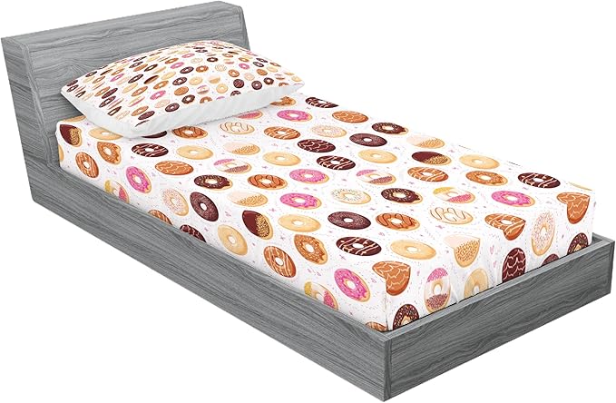 Ambesonne Food Fitted Sheet & Pillow Sham Set, Donuts and Little Hearts Pattern Colorful Yummy Delicious Desserts Print, Decorative Printed 2 Piece Bedding Decor Set, Twin, Pink Brown
