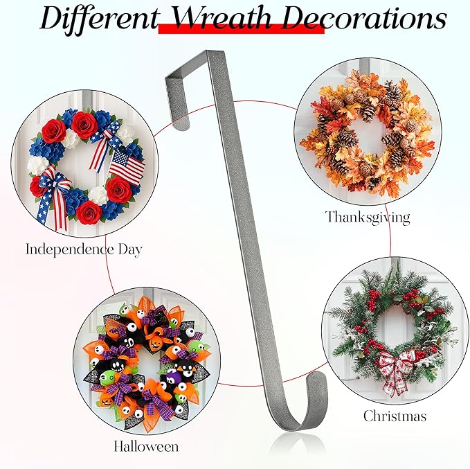 MCFULL 14 in Wreath Hangers for Front Door,Sturdy Metal Wreath Doors Hangers,Over The Door Hooks for Front Porch Decor,Silver Garland Hooks Holders for Halloween Christmas Decorations