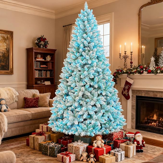 Hykolity 7.5 ft Prelit Snow Flocked Christmas Tree with Remote Control, 1446 PVC Branch Tips Artificial Hinged Christmas Tree with 450 Multi-Color RGB Lights for Home, 15 Modes