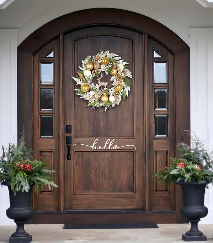 24 inch Pre-Lit Gold Christmas Wreath for Front Door Outdoor, Decorated with Ornaments, Deer Figurine, Flocked Artificial Green Pine Branches, White LED Lights