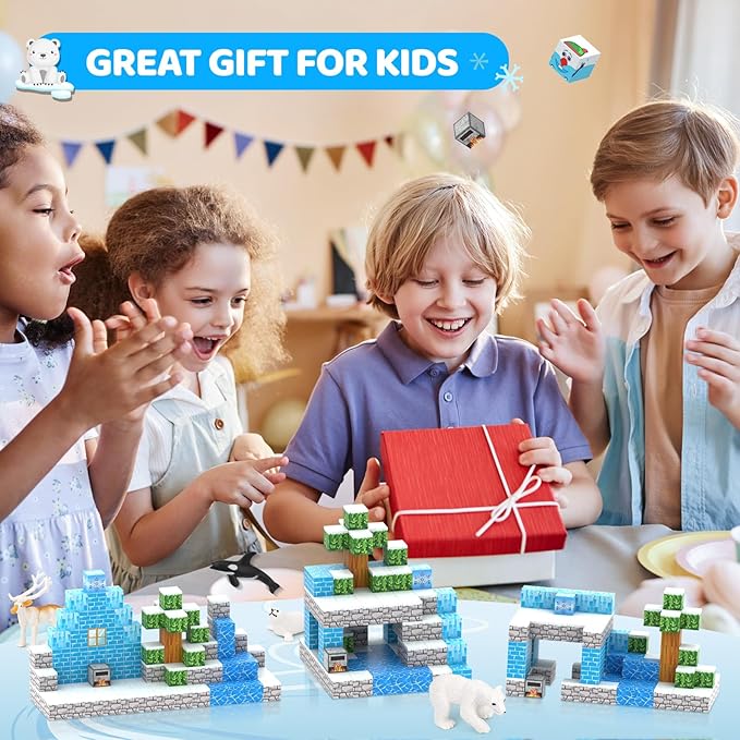 Magnetic Blocks 110PCS with 6 Animal Toys, Snow World Building Blocks Set, Boys & Girls Age 4-6,5-7,6-8, Stacking Building for Toddlers & Kids 3+